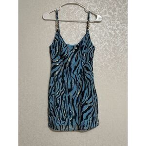 Superdown NWT Savannah Mini Dress Black & Blue Animal Print Gold Accents Lined S